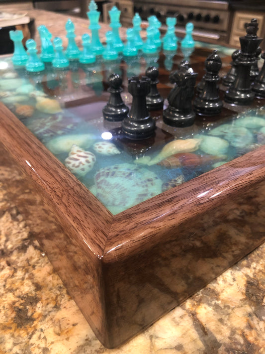 Main View of Exoxy Chessboard and Set, featuring shells set in epoxy