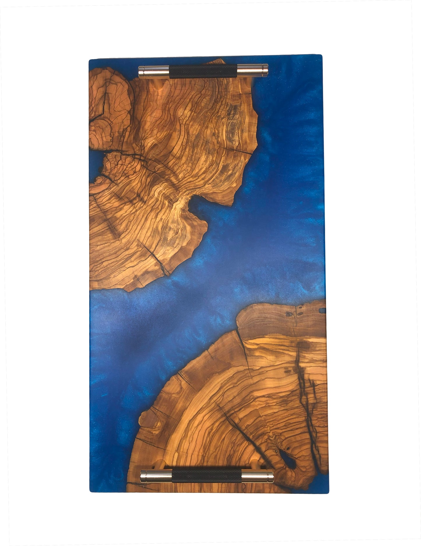 Turkish Olive Wood and Metallic Blue Epoxy Charcuterie Board, 18”L x 10”W