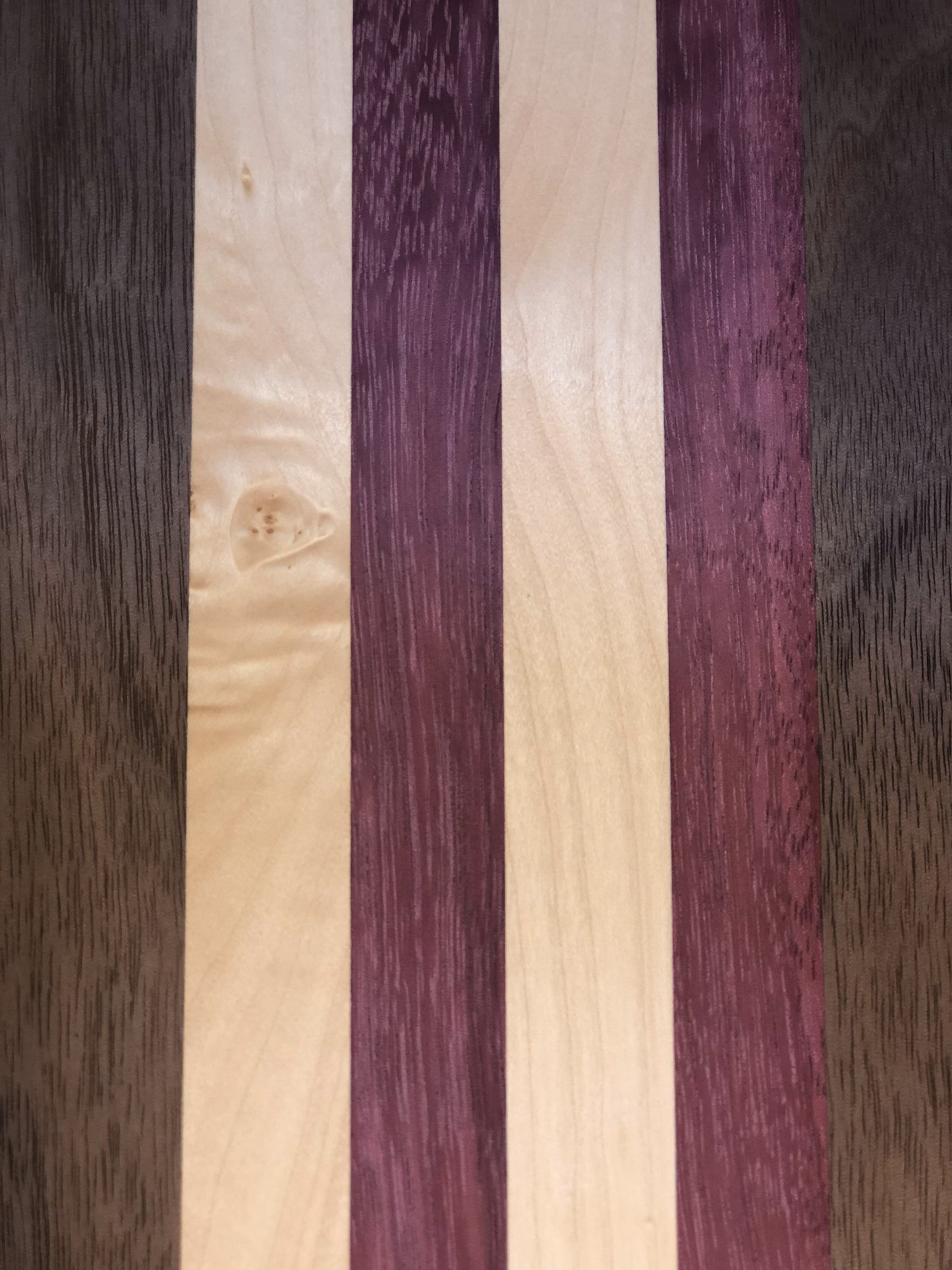 Small Black Walnut, Maple and Purpleheart Cutting Board Closeup View