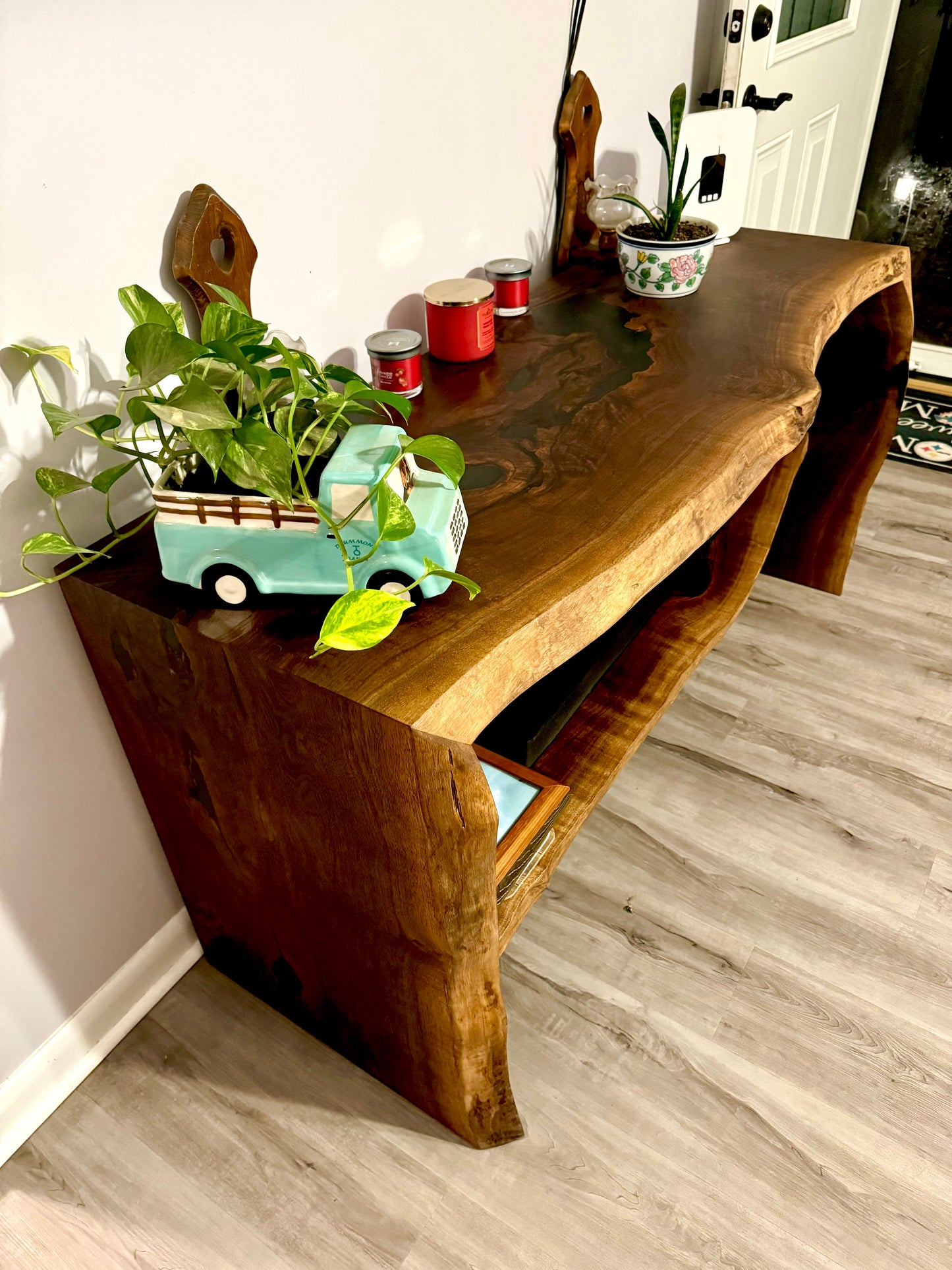 Black Walnut and Metallic Black Epoxy Entertainment Table