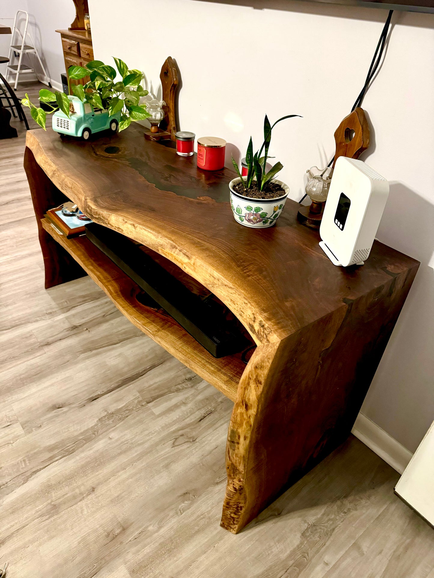 Black Walnut and Metallic Black Epoxy Entertainment Table