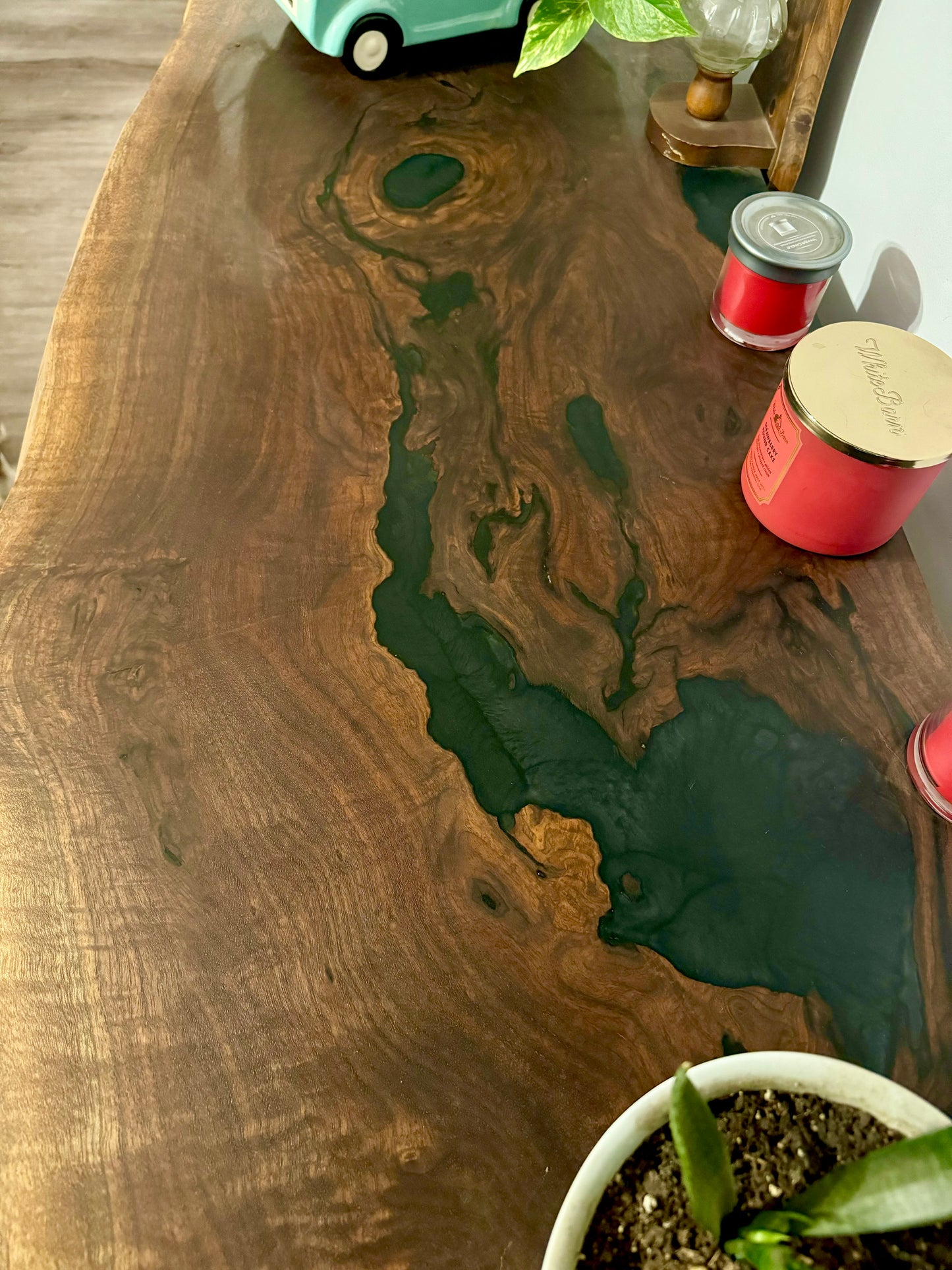Black Walnut and Metallic Black Epoxy Entertainment Table