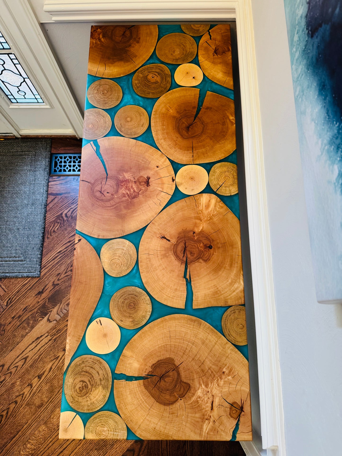 Beech Wood Rounds and Teal Epoxy Console Table