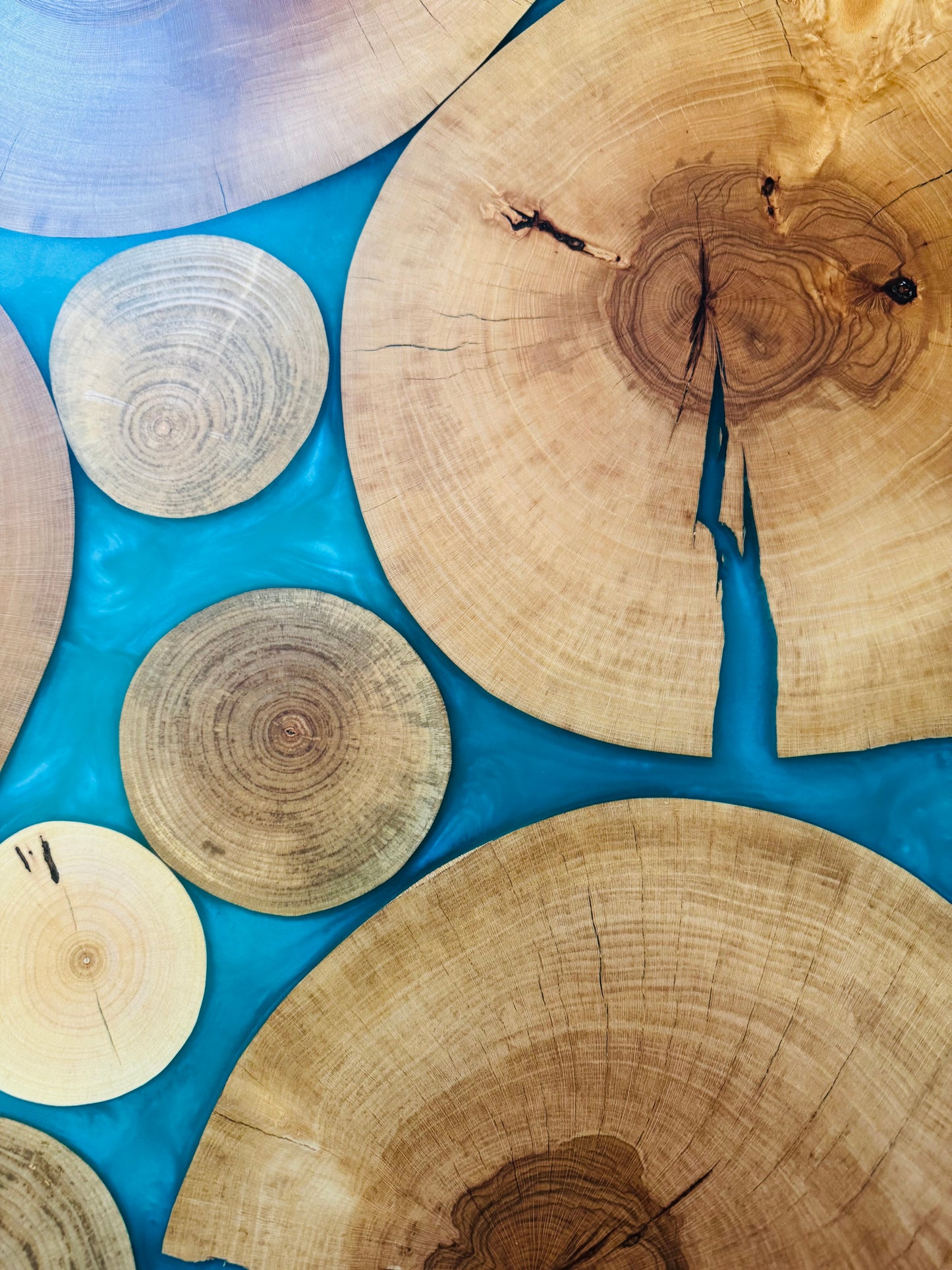 Beech Wood Rounds and Teal Epoxy Console Table