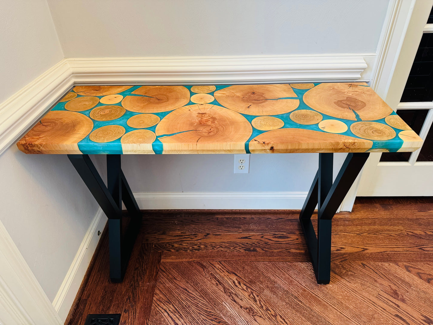 Beech Wood Rounds and Teal Epoxy Console Table