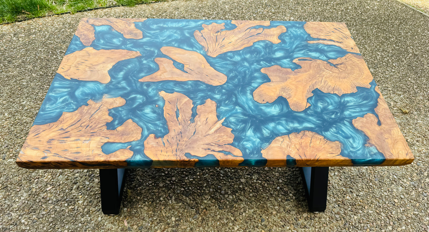Olive Wood and Green Metallic Epoxy Coffee Table