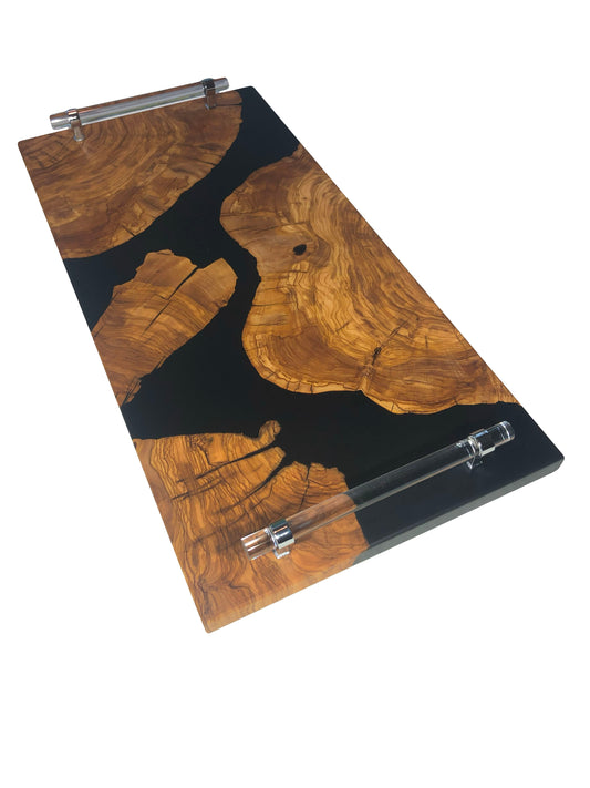 Turkish Olive Wood and Jet Black Epoxy Charcuterie Board, 24"x12"