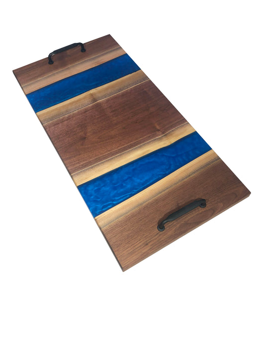 Black Walnut and Dark Ocean Blue Epoxy Charcuterie Board, 24”x12”