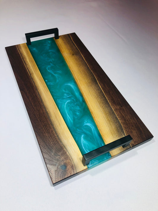 Black Walnut and Teal Epoxy Charcuterie Board, 18"x10"