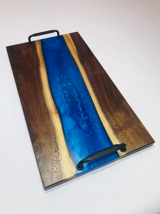 Black Walnut and Dark Ocean Blue Epoxy Charcuterie Board, 18"x10"