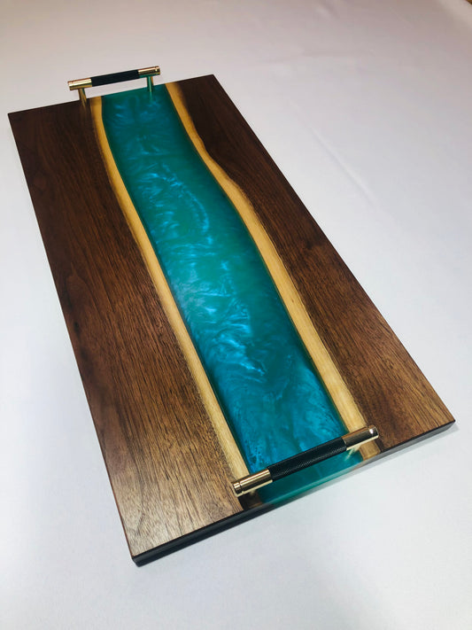 Black Walnut and Teal Epoxy Charcuterie Board, 24"x12"