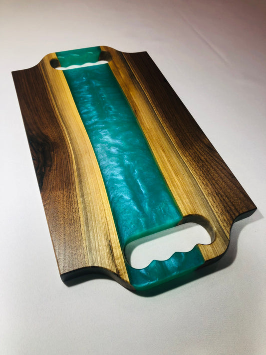 Black Walnut and Teal Epoxy Charcuterie Board, 18"x10"