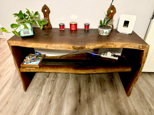 Black Walnut and Metallic Black Epoxy Entertainment Table