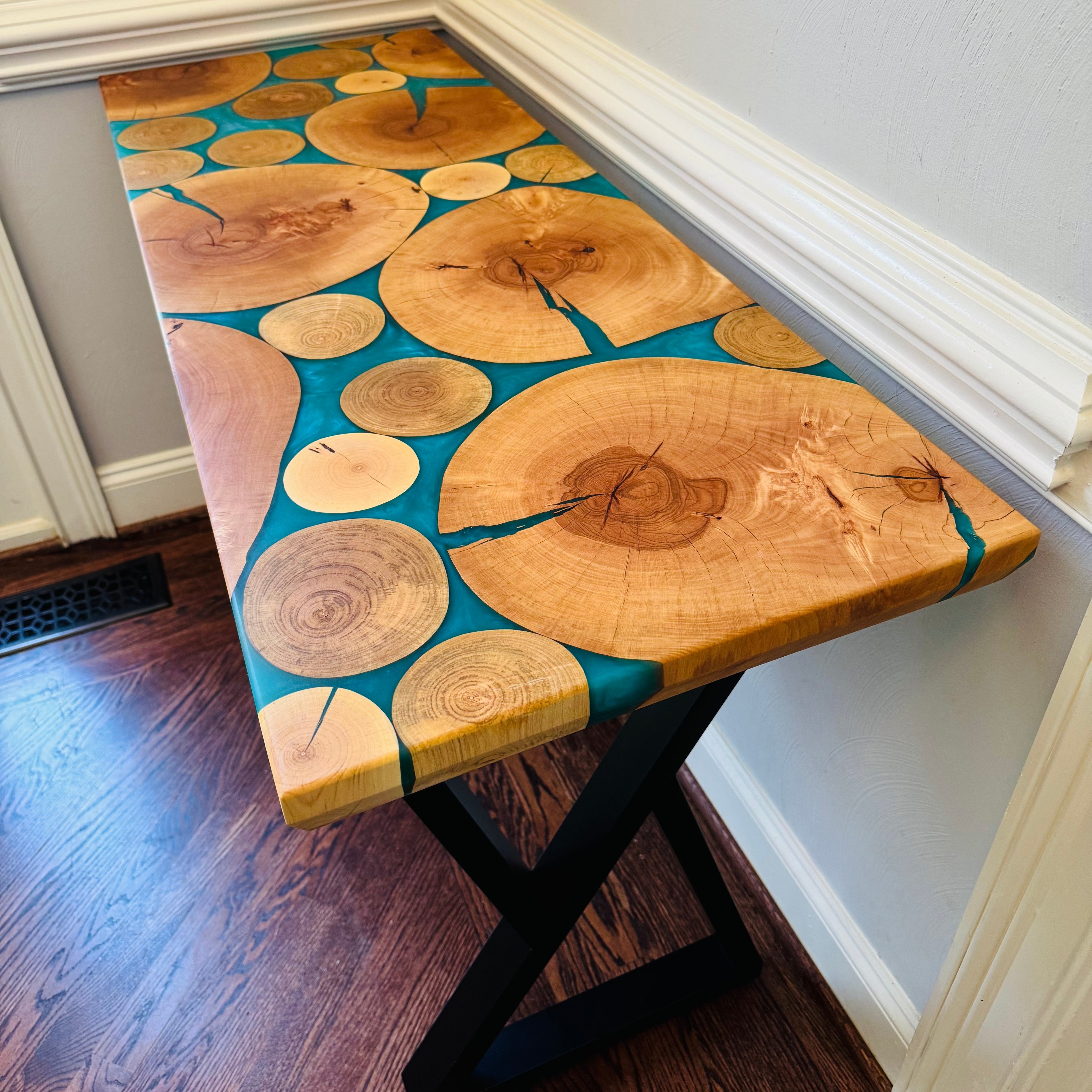 Beech Wood Rounds and Teal Epoxy Console Table – Danwood Design