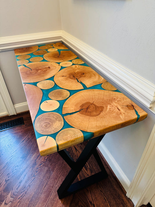 Beech Wood Rounds and Teal Epoxy Console Table