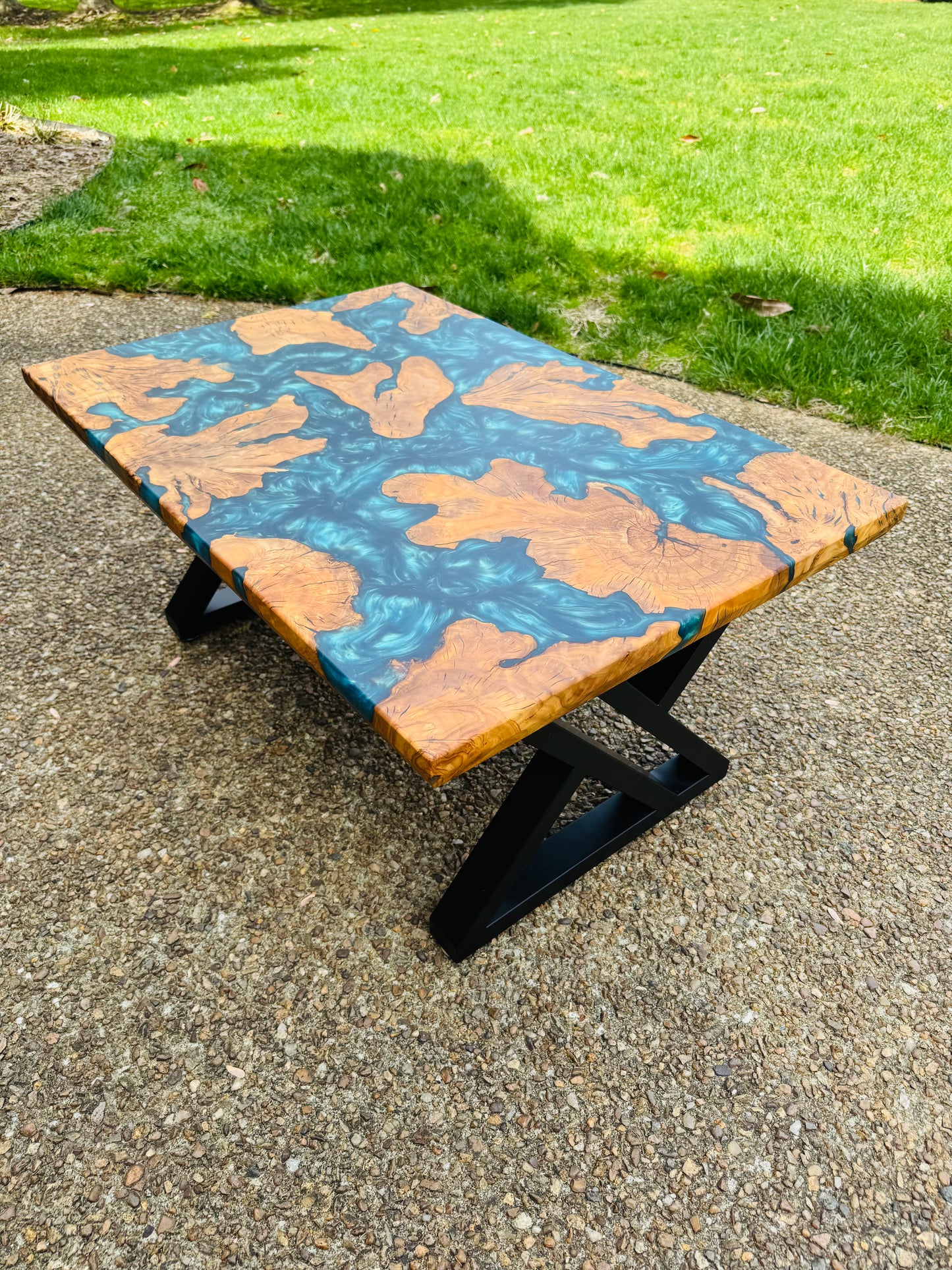 Olive Wood and Green Metallic Epoxy Coffee Table